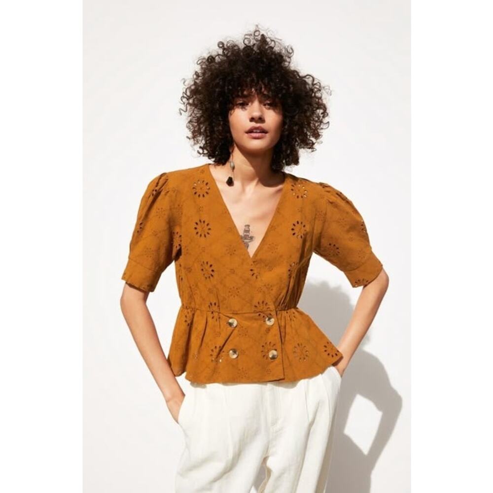 Zara Burnt Orange Eyelet Wrap Peplum Top Small Cottagecore 70s Retro